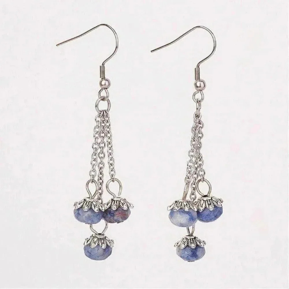 Handcrafted Triple Chain Denim Lapis Gem Earrings
